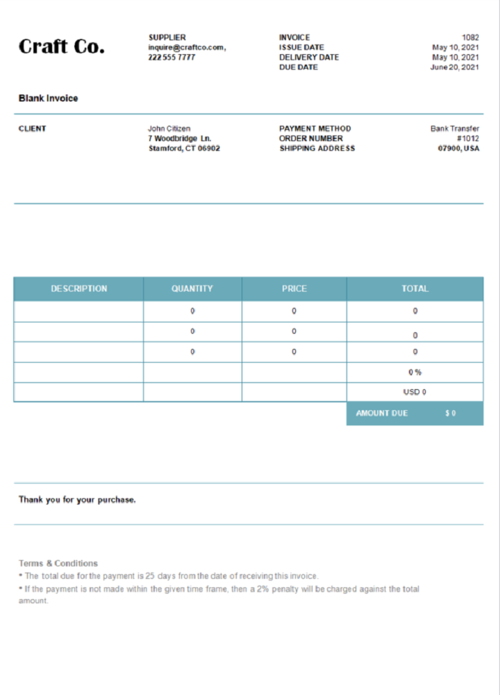 USA Craft Co. invoice PSD template